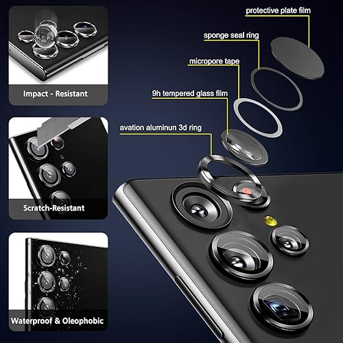 Miniatura 6 de IMBZBK Protector de lente de cámara de vidrio templado para Samsung Galaxy S23 Ultra, 5+5 unidades, color negro