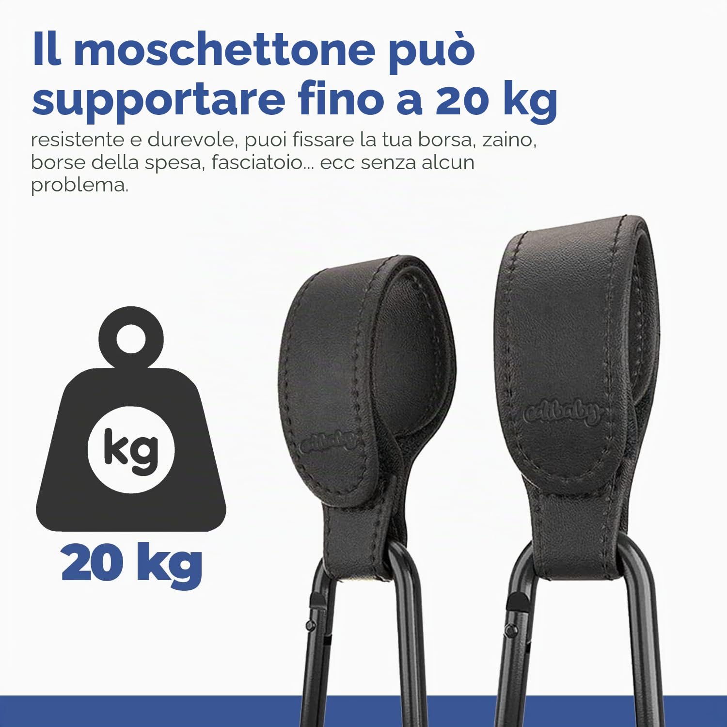 Edibaby, Ganci Passeggino, in Pelle, 2 Unità, Universale, Moschettoni per Carrozzina, per Borsa Passeggino, Zaini, etc (Nero)
