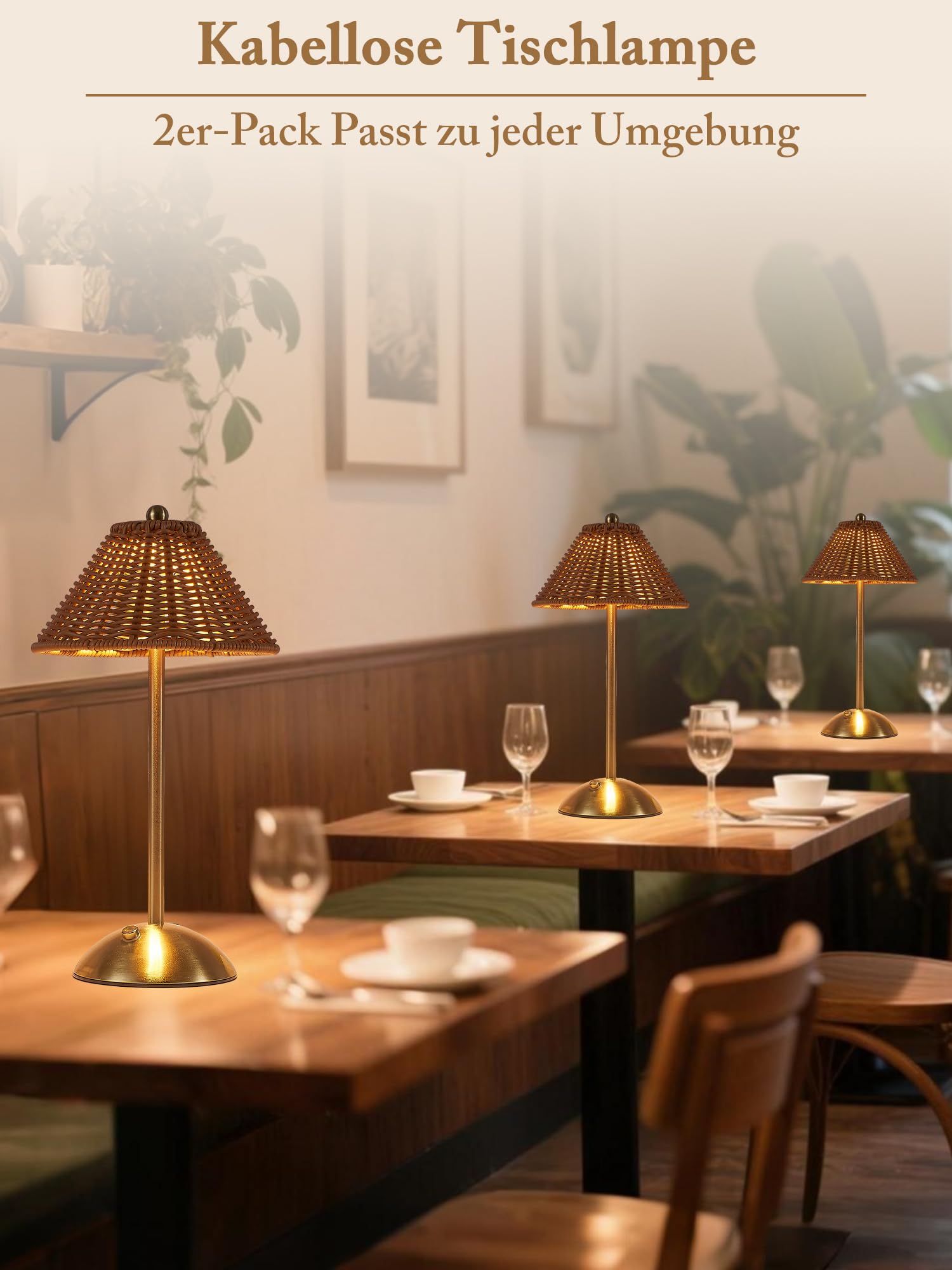 Lot de 2 lampes de table LED sans fil en rotin - Intensité variable