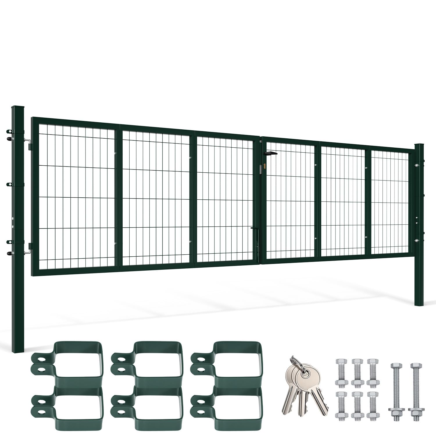 350x100cm Gartentor Tor Gartenzaun Zaun, Doppelflügelig Gartentür aus Metall verzinktem Stahl, inkl. Griff, Schloss und 3 Schlüsseln, Robust Zauntor Hoftor, Grün