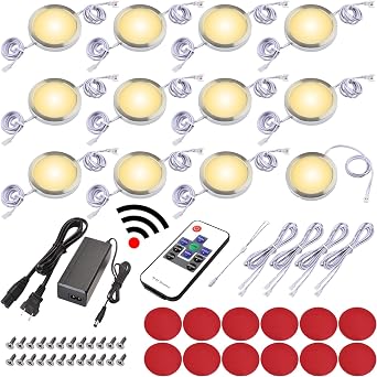 Under Cabinet Lighting Kit, Dimmable Wireless RF LED Control, Linkable Puck Lights, AC120V to DC12V Adapter, Hardwired or Wall Plug, 12 and 6 Lights, Warm White