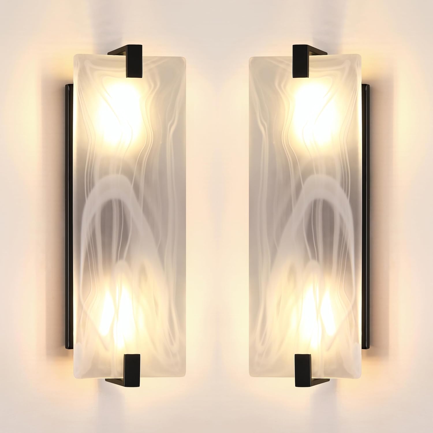 2 Pack 2 Light 15.7" Frosted Glass Bathroom Wall Sconce Modern Concise Style Wall Light Fixture,Black Finish for Bedroom Hallway Bedside