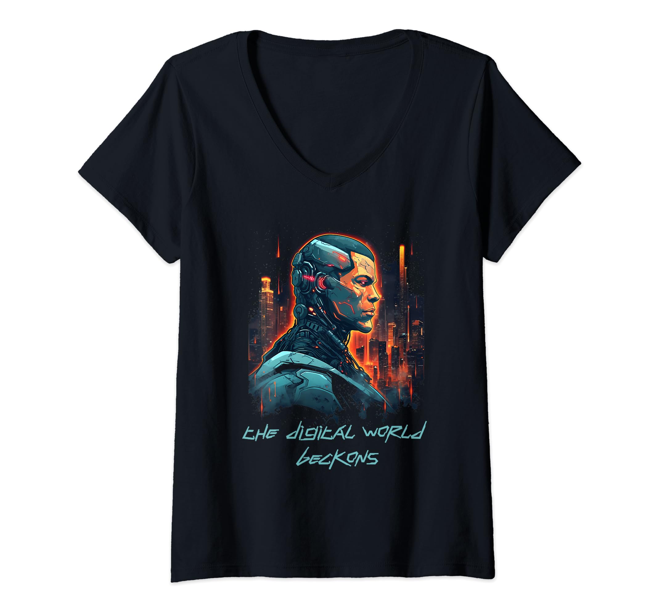 Futuristic Cyber World Designs For Sci Fi FansWomens Space-Time Style: Cyber Robot Quest V-Neck T-Shirt