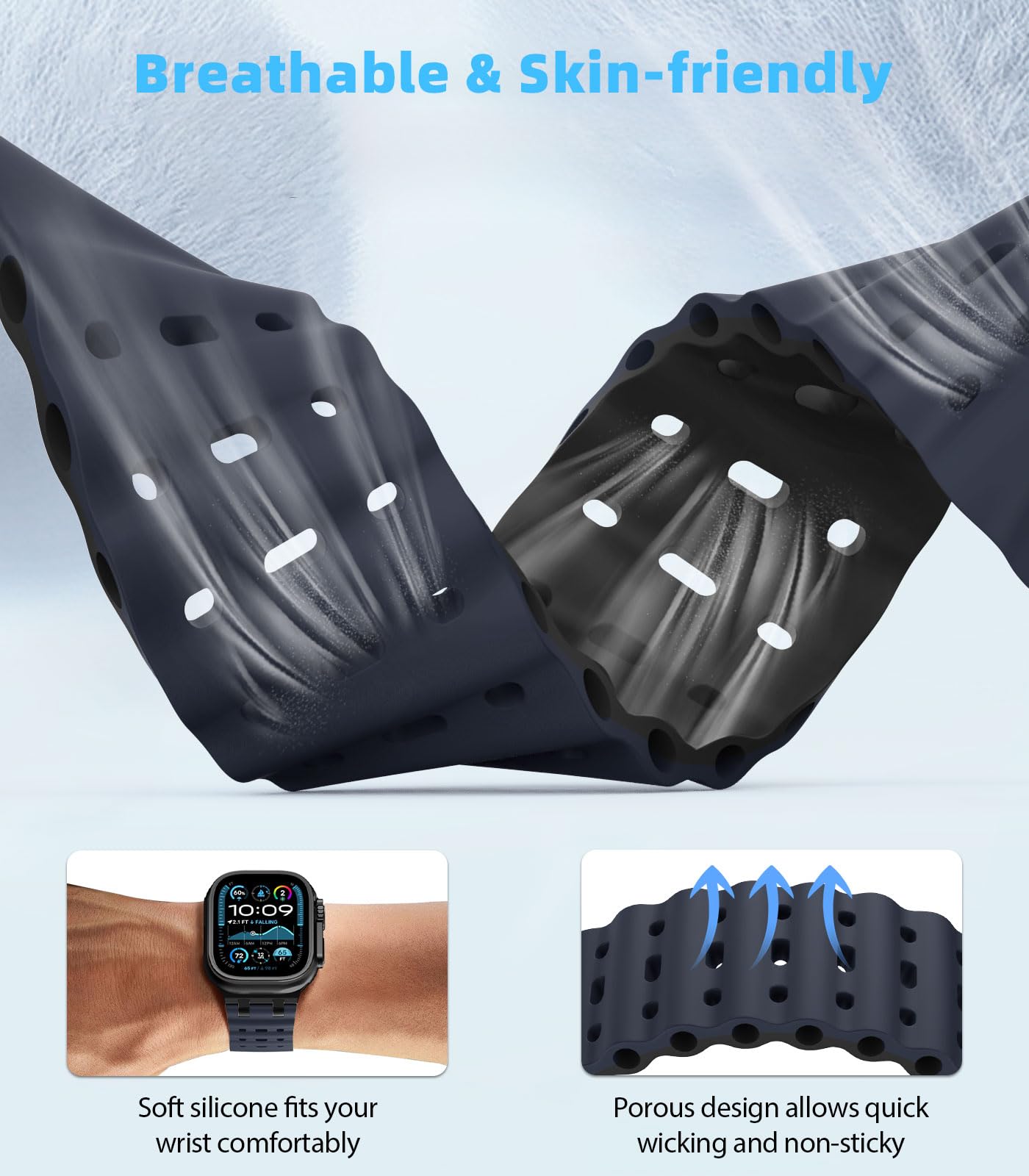 MoKo Cinturino Ocean Compatibile con Apple Watch Ultra 3/2/1 49 mm, S11/S10 46 mm, 9/8/7 45 mm, SE3/SE2/SE/6/5/4 44 mm, 3/2/1 42 mm, Cinturino Sportivo in Silicone Traspirante