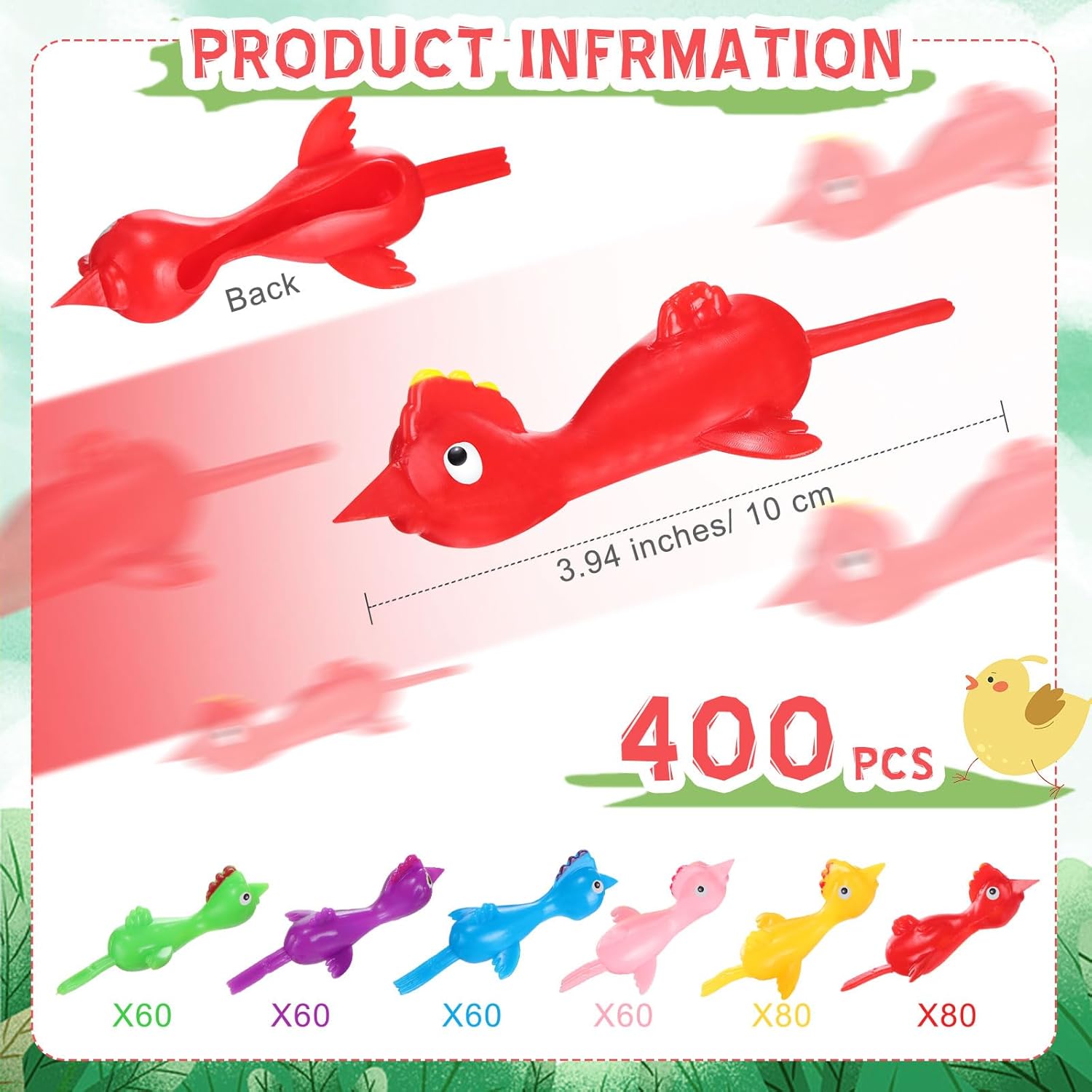 Poen 400 Pcs 3.94" Slingshot Chicken Party Favors Flying Chicken Stretchy Rubber Flick Chicks Shooting Game Activity for Birthday Gifts Goodie Bags Fillers (Multicolor) - Image 4