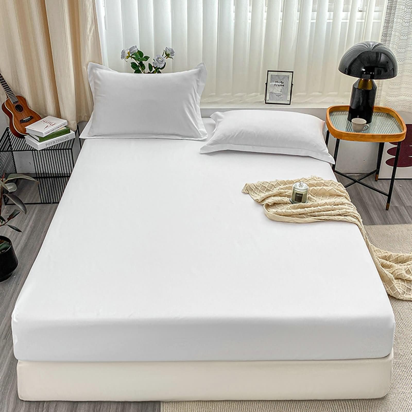 Betttuch Weiß mit 2er Kissenbezüge 60x120cm Set 3teilig Elastisch, Spannbettlaken Einfarbig, Textilien Polyester Bett Laken Bezug für Boxspringbett & Wasserbett
