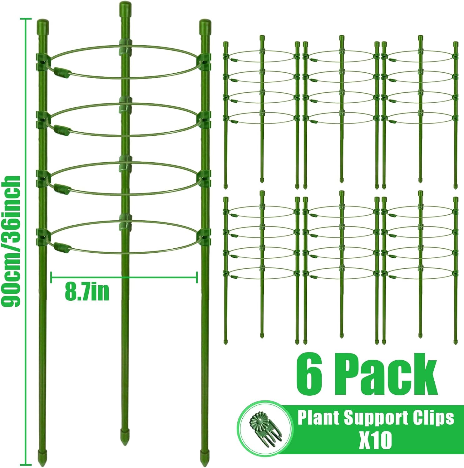 Legigo 6 Pack 36 Inch Plant Support Cages Tomato Cage for Garden- Plant Cages Adjustable Rings, Tomato Plant Support Stakes Trellis for Pots, Peppers, Cucumbers and Flowers with 10 Plant Clips
