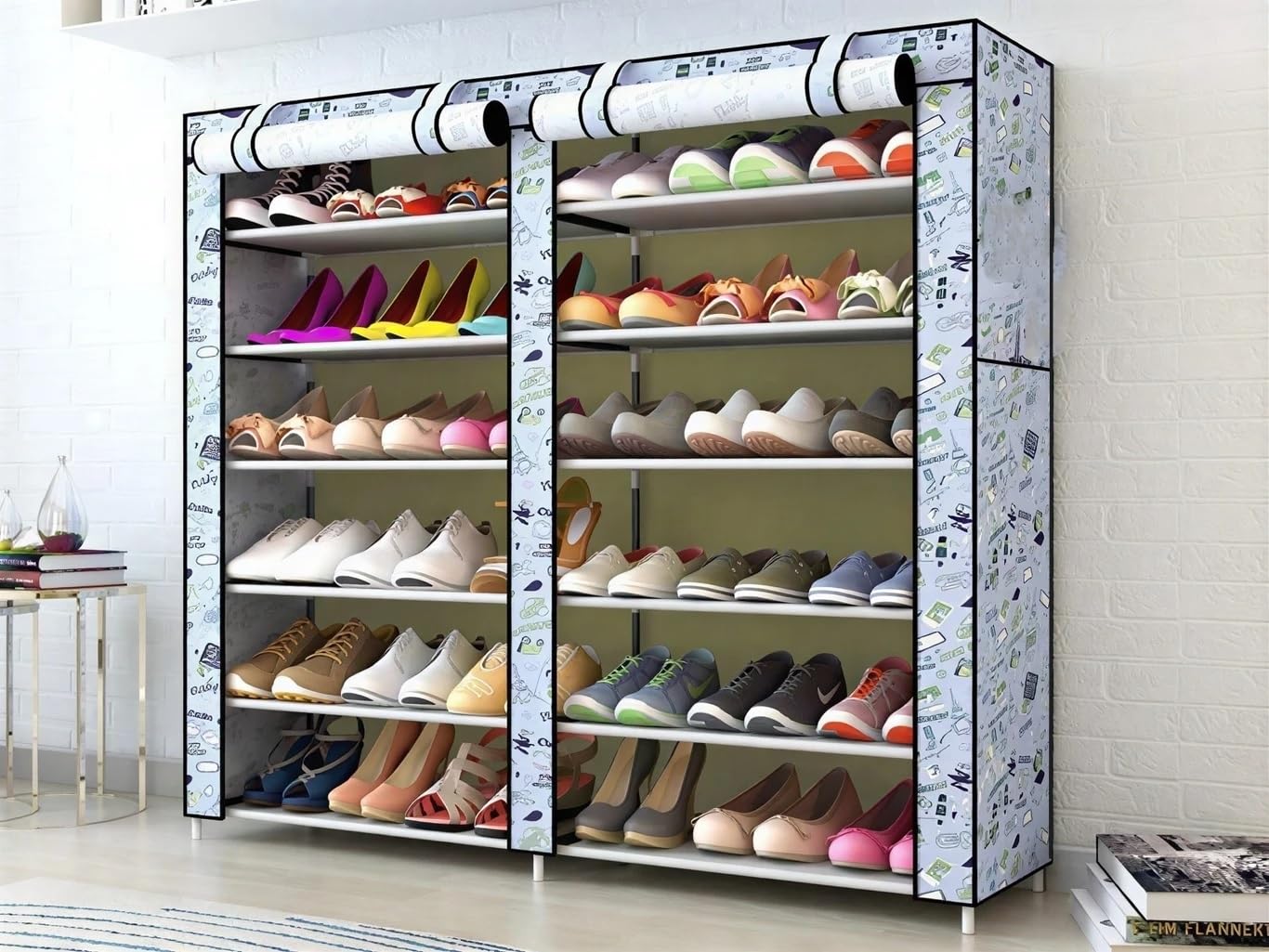 BuenoVida Shoe Rack for Home with Dustproof Cover 12 Layer Shoes Stand for Home Multipurpose Storage Rack Space Saving Shelf for Closet, Entryway, Bedroom (Blue Printed)-image-32