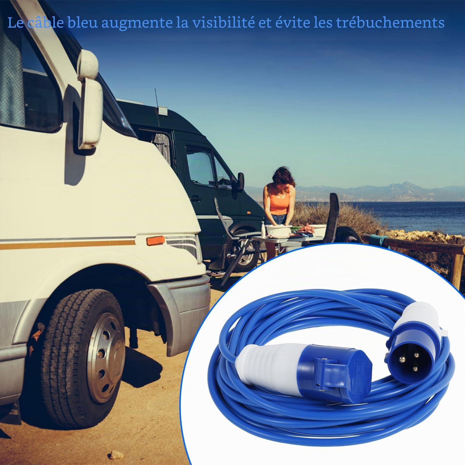 Rallonge CEE 10 m, 230 V, 16 A, ultra sûre, robuste, câble de caravane, câble de camping H07BQ-F de couleur de signalisation bleu, IP44, câble d'alimentation de force pour camping-car, camping