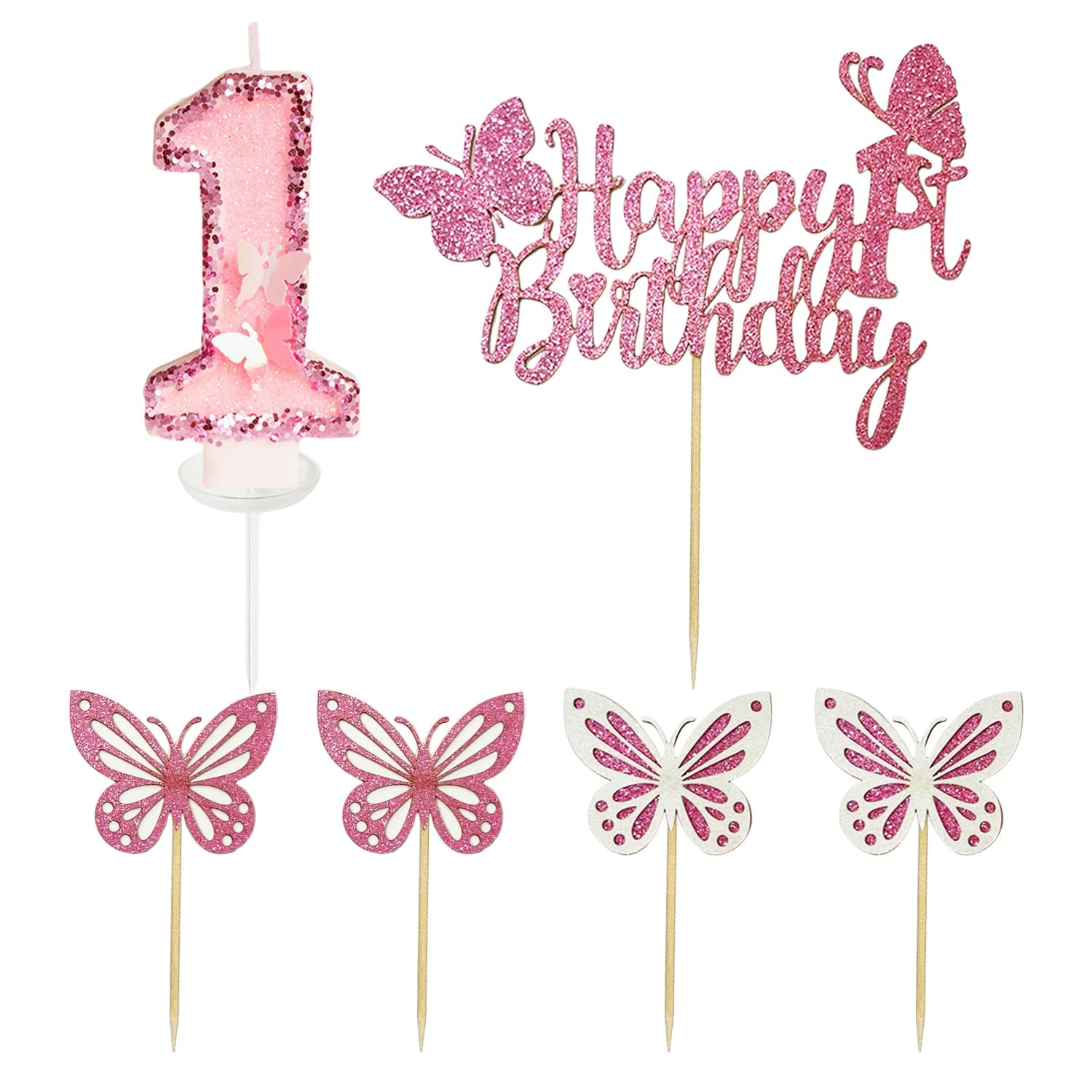 UBSIUH 1 Number 1 Candle, 7 Butterfly Birthday Card Inserts, 3D Butterfly Birthday Candles, Cake Decorations, Birthday Party Supplies.