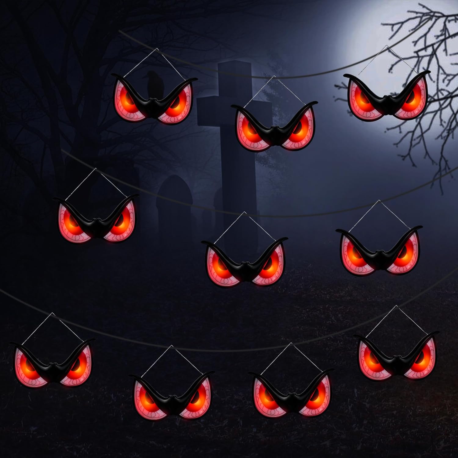 WBao Halloween Flashing Spooky Eyes Lights, Realistic Light-Up Eyes with 3 Lighting Modes & Timer, Waterproof Battery Powered Scary Eyes for Windows, Trees, Graveyard Halloween Decorations, 10 Packs