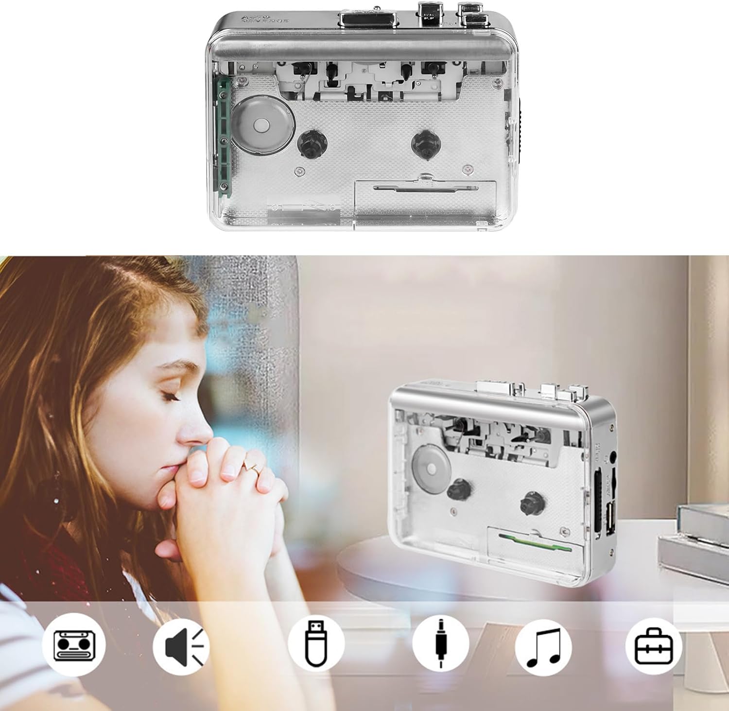 Portable Clear Stereo Auto Reverse Cassettes Player Convert Tape to MP3 USB Converter Wheel Movement Loudspeaker Accessories USB Cassettes Deck