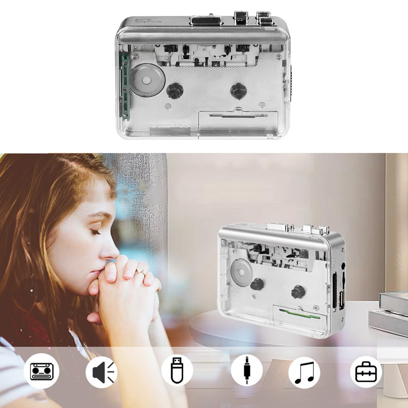 Clear Deck - Convertitore di file MP3, unità USB, dispositivo audio stereo portatile, accessorio per altoparlanti USB, copertura per cassette