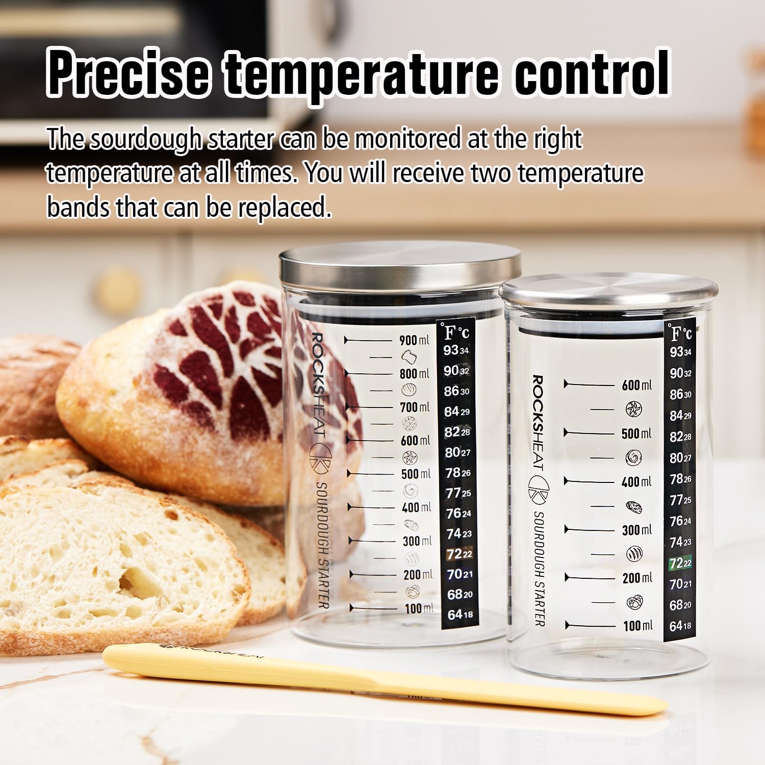 600&900ml Sourdough Starter Jar Kit with Thermometer, Silicone Spatula, Feeding Bands & Stainless Steel Lid, Wide Mouth Sourdough Container for Bread Baking Supplies