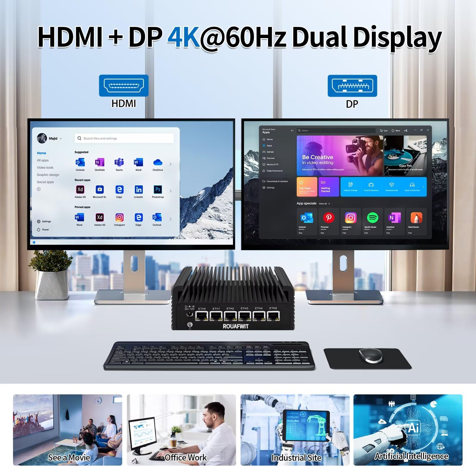 Firewall Mini PC J6413,4C/4T Fanless Micro Firewall Appliance 6X 2.5 GBe LAN/4USB/HD/DP/SIM/CONSOLE/Auto Power,OPNsense/AES-NI Router Netzwerk Security,DDR4 8GB SSD 256GB,Dual Display