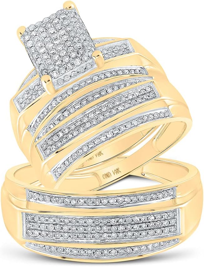 His and Hers Bridal Womens and Mens Engagment and Wedding Band Complete Trio Matching Wedding Rings Set 10K Yellow Gold Round Diamond Cluster 3/4 Cttw