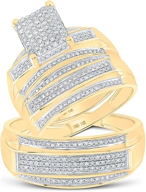 His and Hers Bridal Womens and Mens Engagment and Wedding Band Complete Trio Matching Wedding Rings Set 10K Yellow Gold Round Diamond Cluster 3/4 Cttw