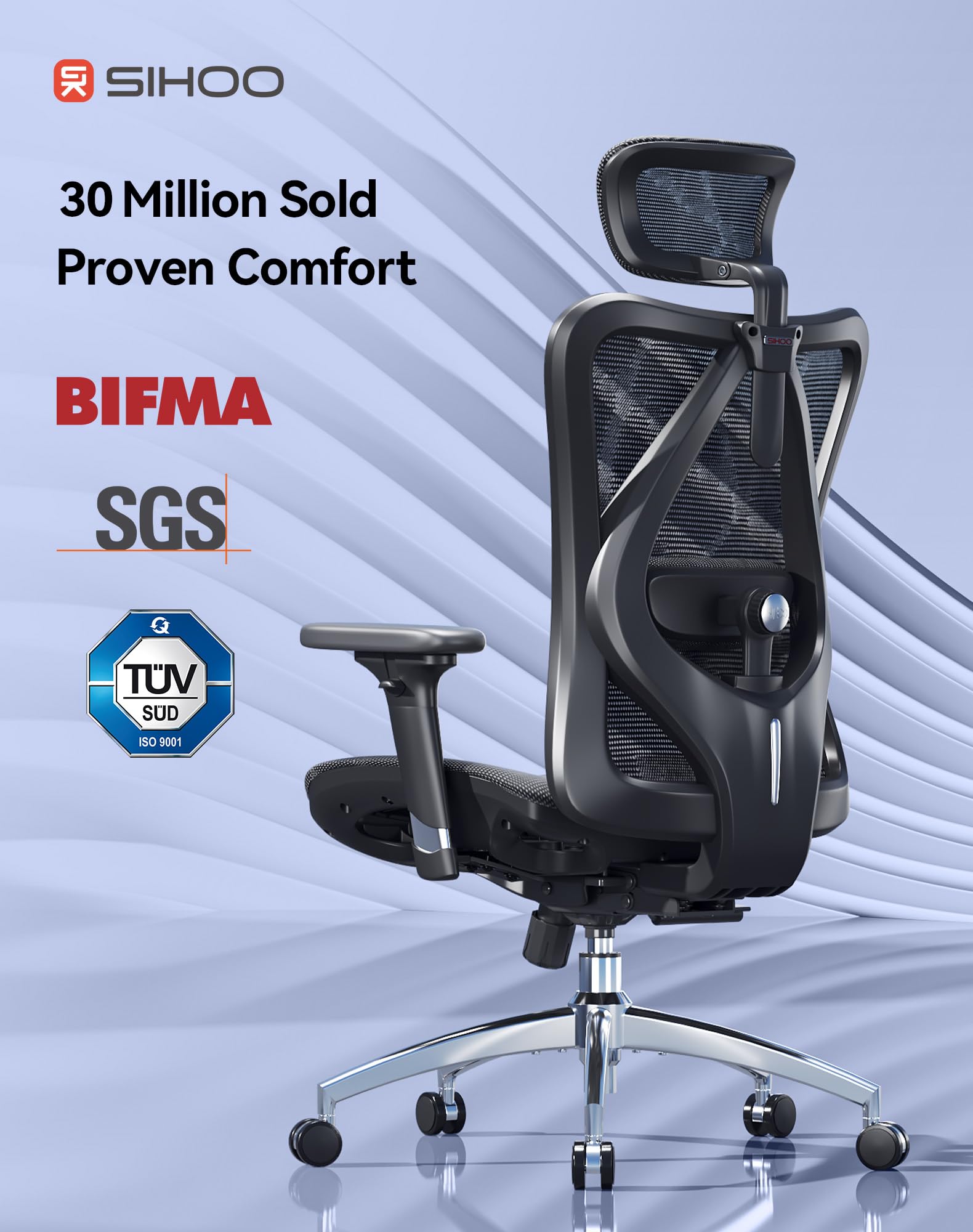 SIHOO M57 Ergonomic Mesh Office Chair, High Back Home Desk Chair with 3D Armrests, Lumbar Support and Adjustable Headrest, Comfortable Computer Chair, Big & Tall Office Chair Hold 330 LBS-Ebony view 5