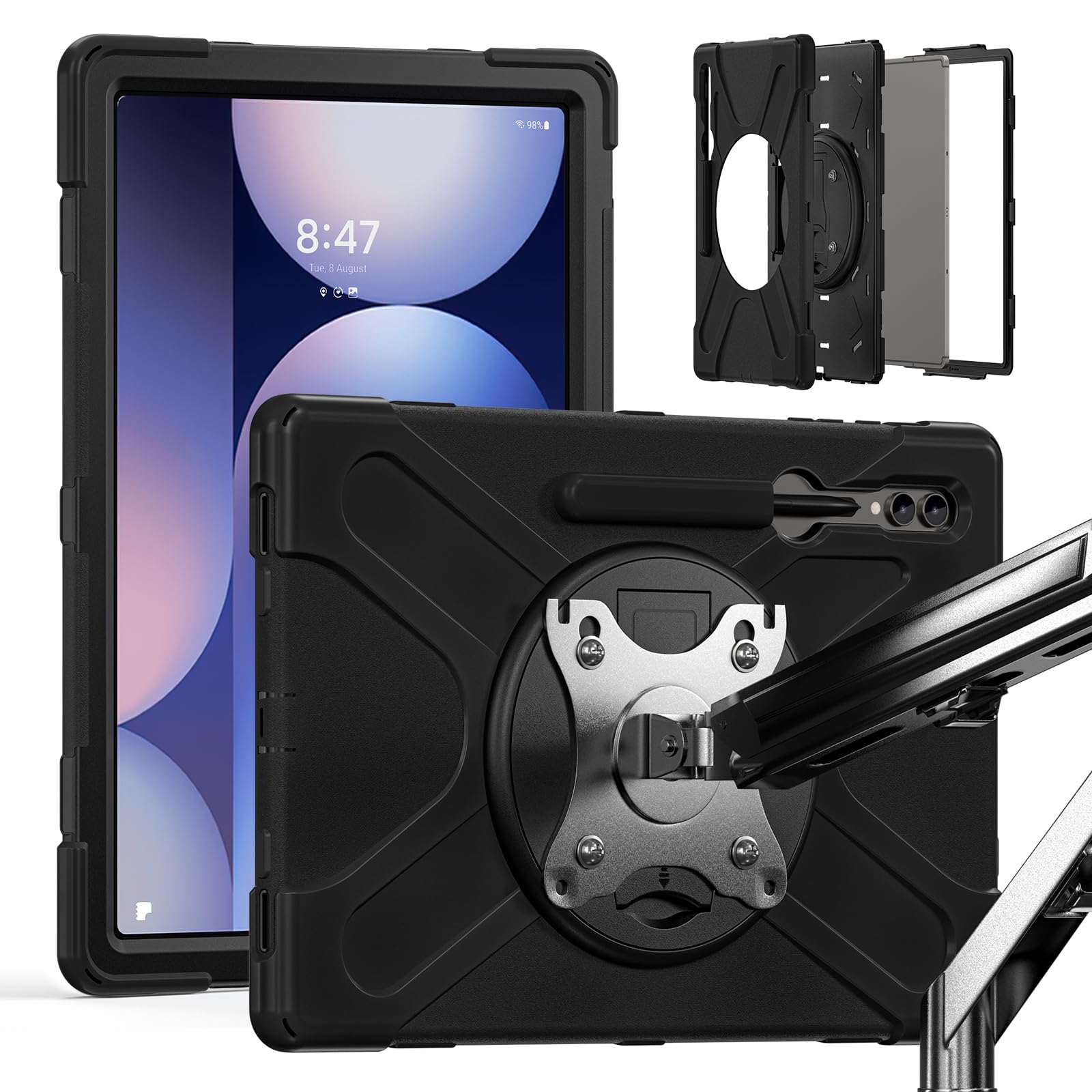 Etui kompatybilne z Samsung Galaxy Tab S10 Ultra 2024/ S9 Ultra/ S8 Ultra 14,6 cala, [wbudowany uchwyt na ołówki] odporne na wstrząsy, wytrzymałe etui ochronne, obrotowy stojak/pasek na ramię (czarny)