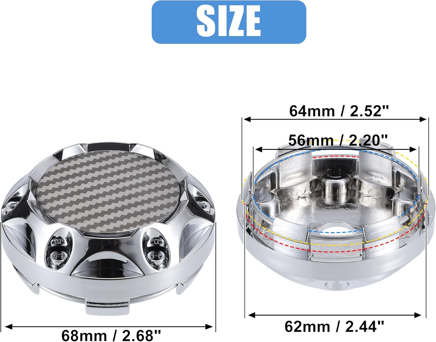 ACROPIX 直径68mm 6クリップ ホイールタイヤセンターハブキャップカバー 車用カーボンファイバーパターン シルバートーン