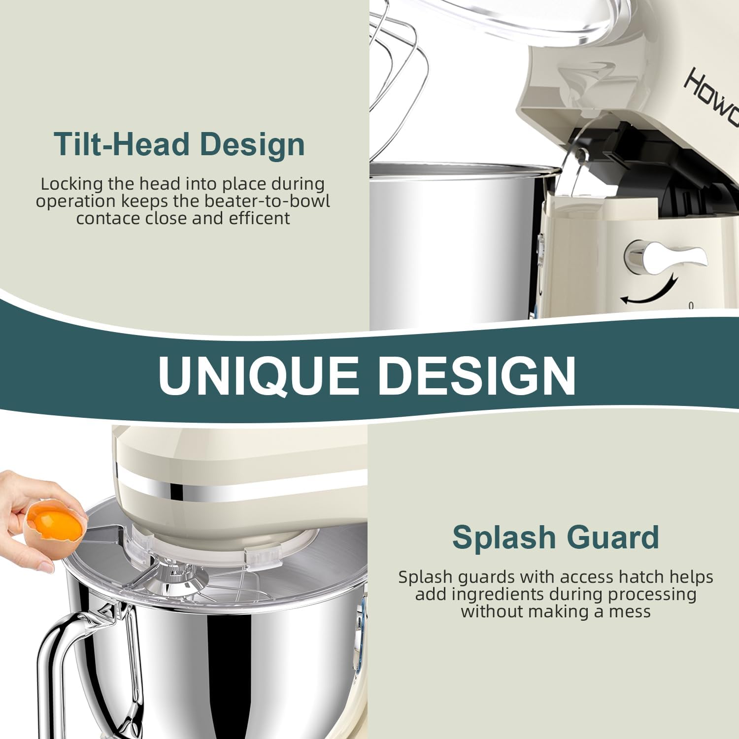 HOWORK Stand Mixer Tilt-Head Design and Splash Guard