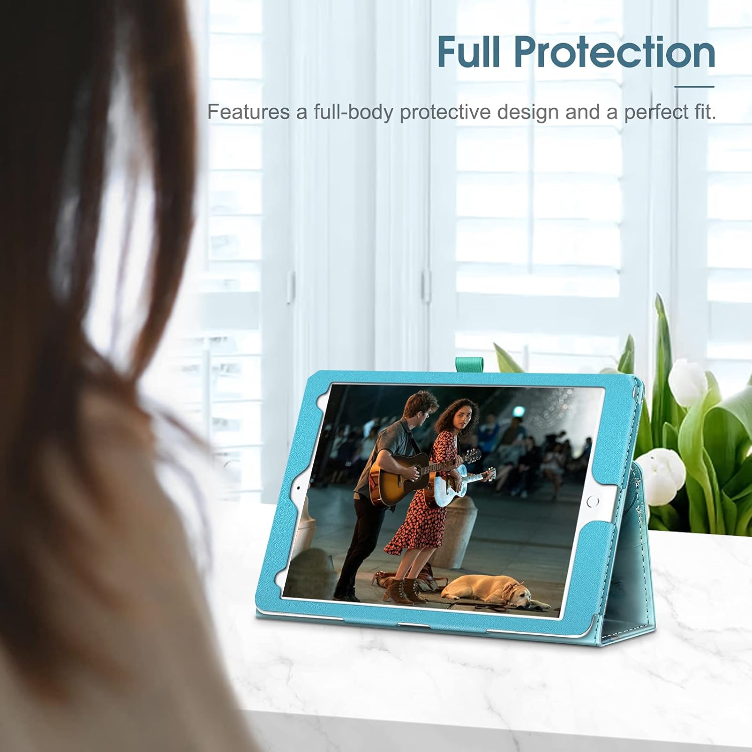 Image showing an iPad securely placed inside the Fintie Folio Case, demonstrating full protection.