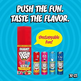 Push Pop Giant Candy Lollipop Container 10 Ct Individually Wrapped | in Assorted Fruity Flavors Full Size Fun Hard Candy For Party Favors Birthday Parties Goodie Bags Fun Gifts for Kids