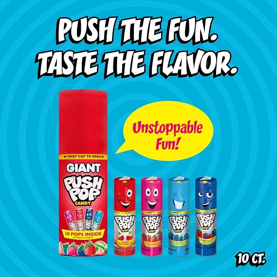 Push Pop Giant Candy Lollipop Container 10 Ct Individually Wrapped | in Assorted Fruity Flavors Full Size Fun Hard Candy For Party Favors Birthday Parties Goodie Bags Fun Gifts for Kids