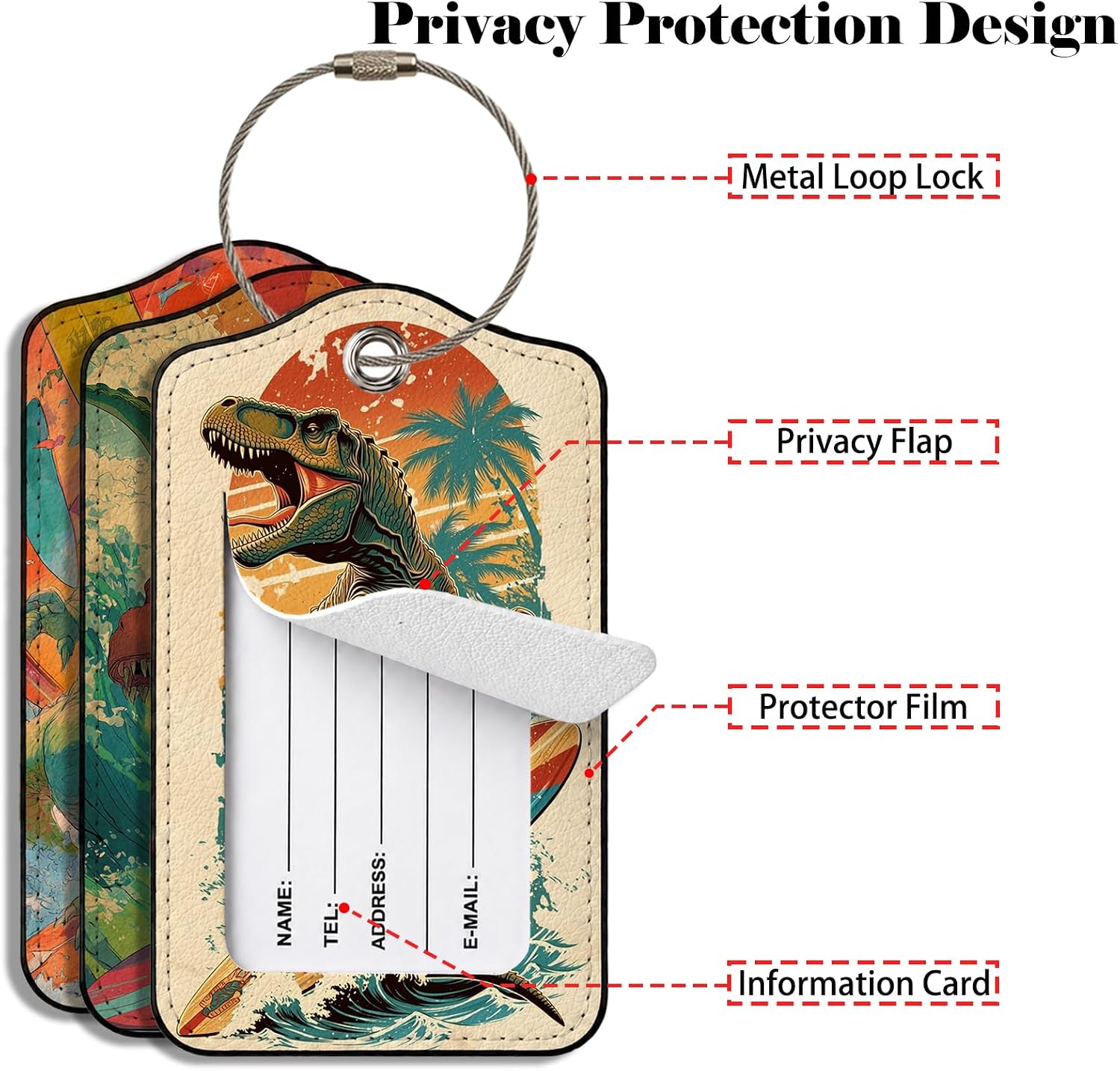 Surfing Dinosaur 3 Pack Luggage Tags for Suitcases, PU Leather Baggage Suitcases Tag Name ID Label Privacy Cover Travel Bag Tags for Women Men Boys Girls image 2