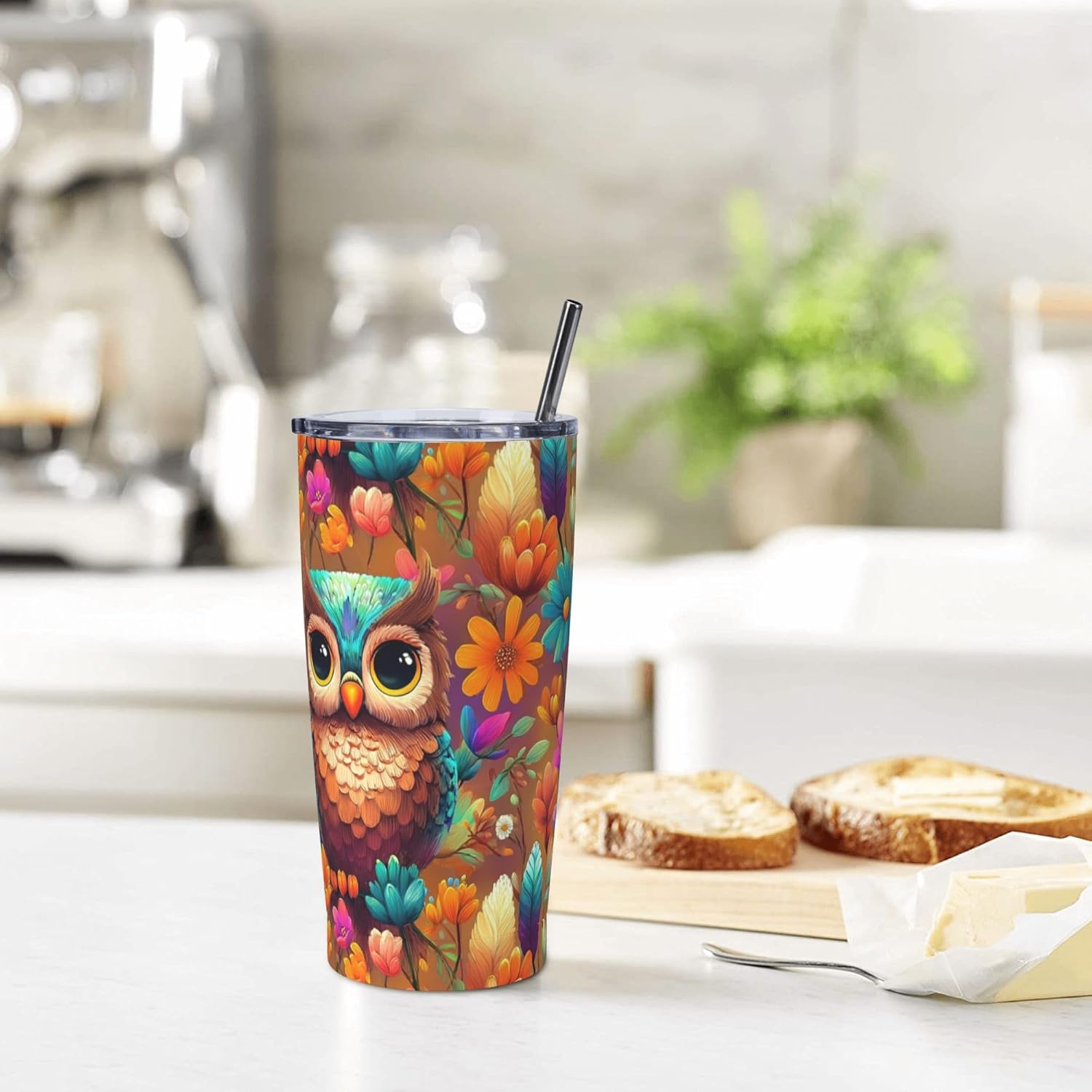 Yrebyou Owl Tumbler 20oz with Lid and Straw Stainless Steel Insulated Coffee Mug Leak-Proof Travel Cup for Water Iced Tea or Coffee - Image 7