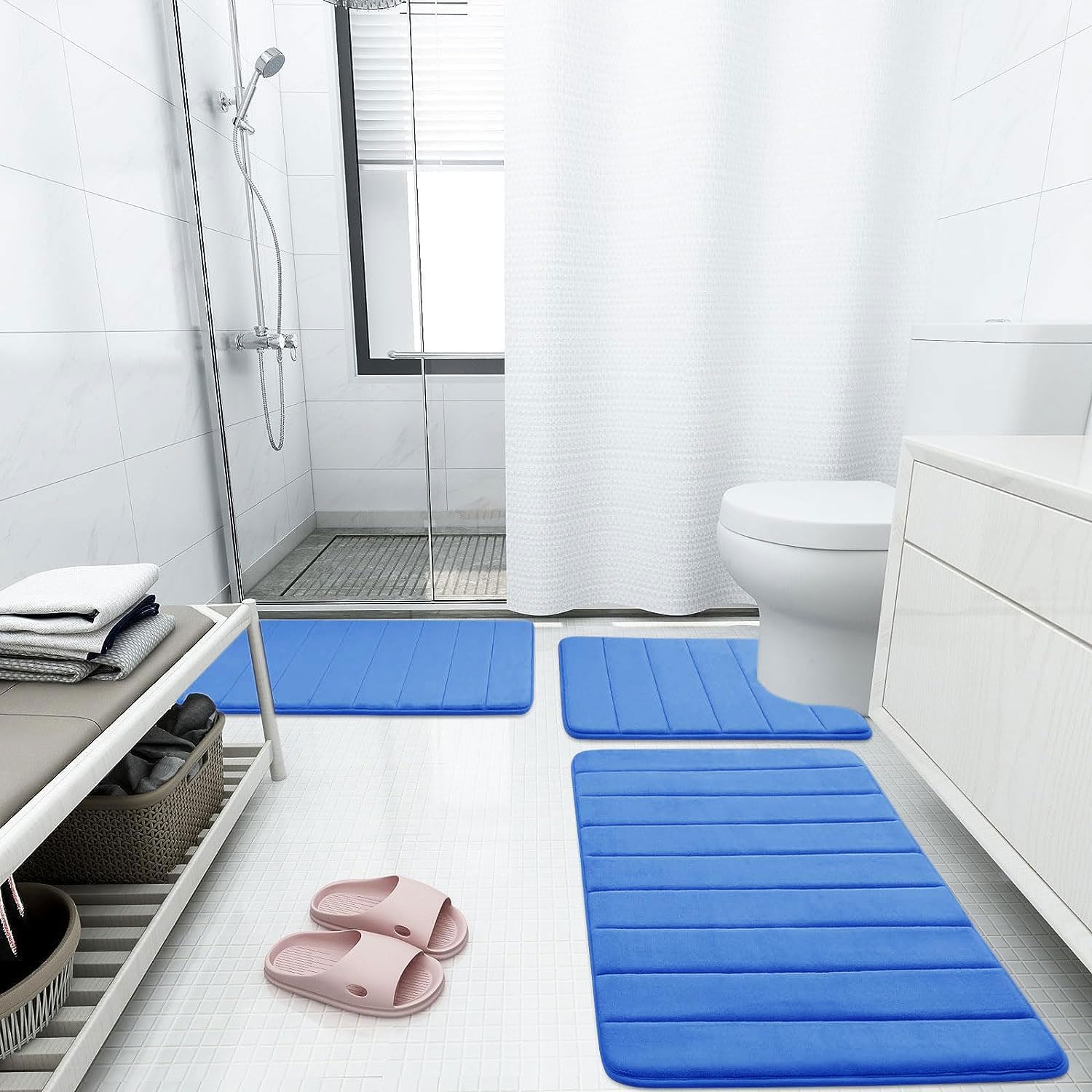 Buganda Meomry Foam Bathroom Rugs 2 Pieces, Bath Mat Size 24 x 16 and 47 x 17 in Royal Blue, 2 Item Bundle