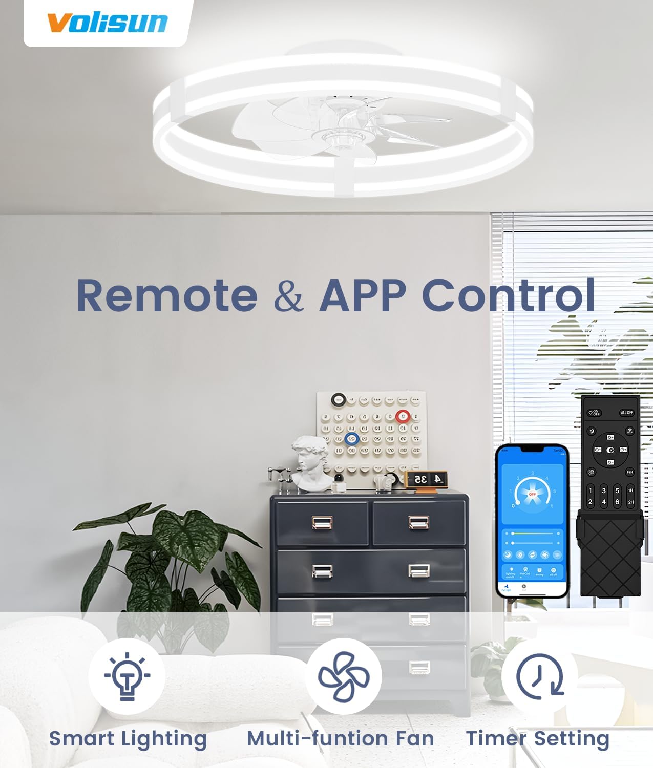 VOLISUN Ceiling Fans with Lights and Remote, 19.7in Low Profile Ceiling Fans with Light, 3000K-6500K Dimmable Fandelier Ceiling Fan, White Flush Mount Ceiling Fan for Bedroom