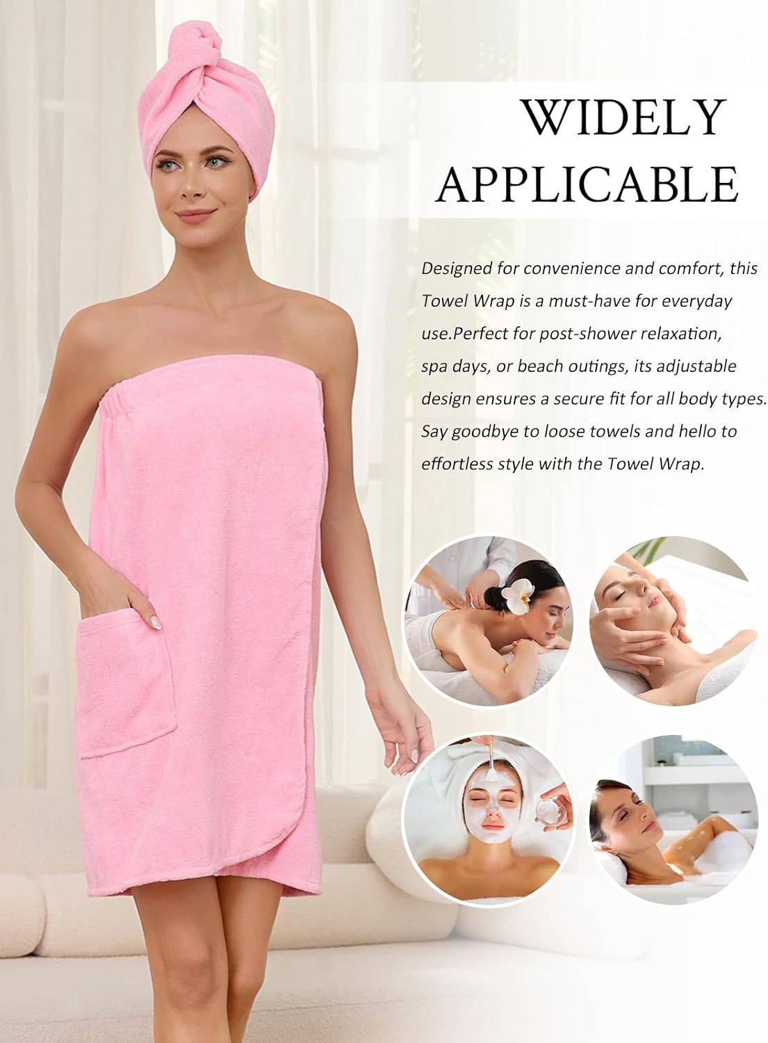 Air Curvey Soft Wrap Towel for Women Lightweight Spa Body Wrap Shower Wrap Robe Adjustable Closure Bathrobe with Pocket Pink S/M - Image 4