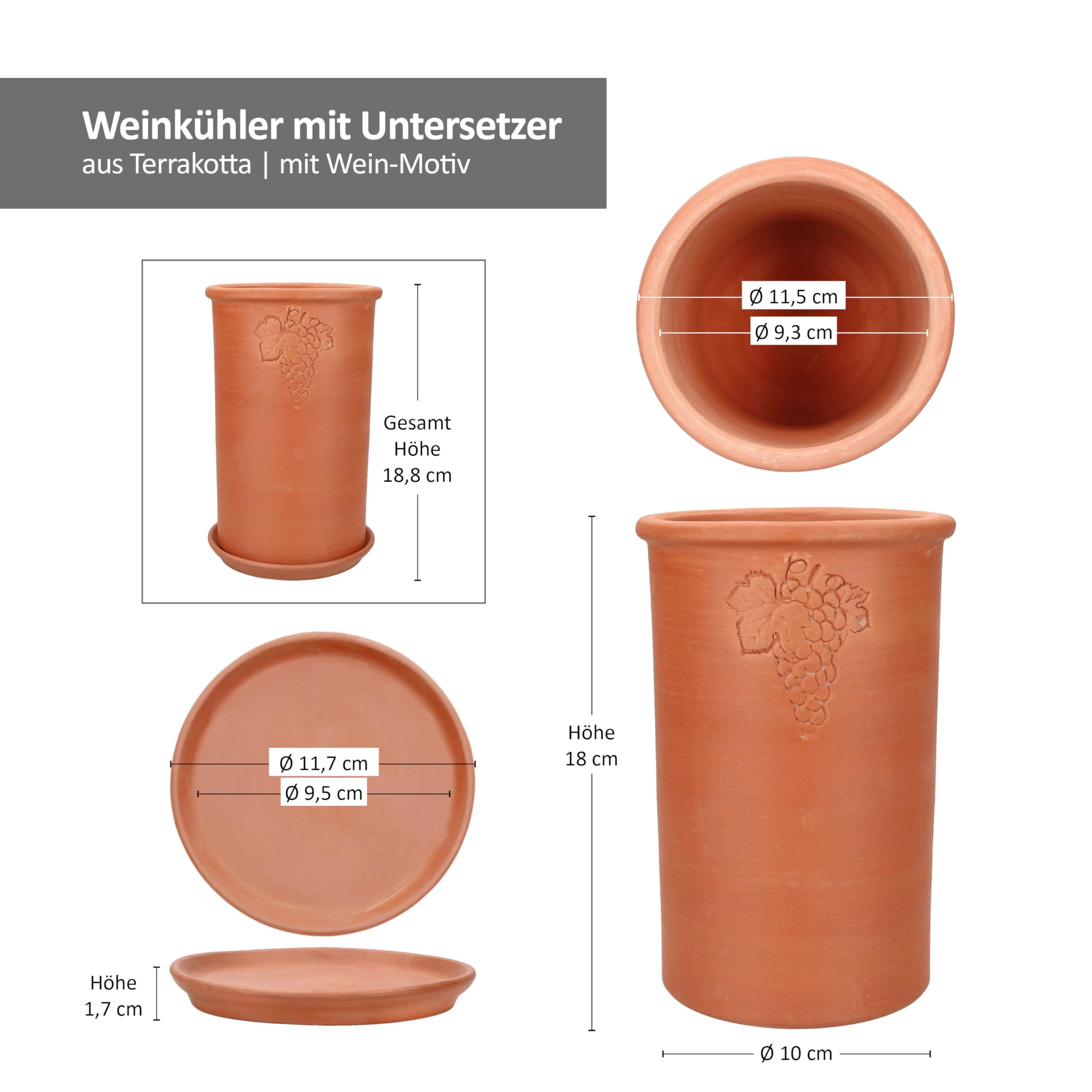 MamboCat 2er Set Terrakotta Weinkühler mit Untersetzern I Ø 11,5 cm, H 18,8 cm I unglasierte Flaschenkühler für Wein, Sekt & Wasser I Getränkekühler, kühlt stundenlang