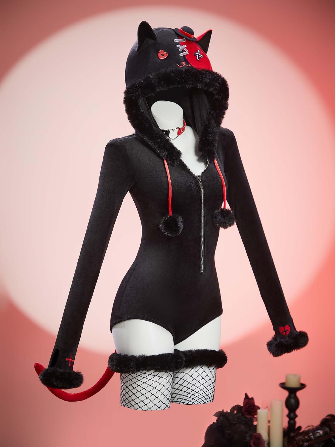 MEOWCOS Gothic Bodysuit Furry Hooded Romper Homewear Halloween Costume Deep V Cat Meow Bodysuit with Tail Socks
