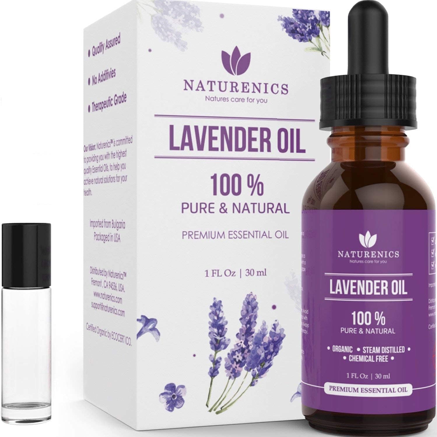 Naturenics Premium Lavender Essential Oil - 100% Undiluted Pure Lavender Oil Therapeutic Grade- Promote Peaceful Sleep, Relaxation, Tension Relief- For Diffuser & Topical Use- Roll On Bottle & eBook