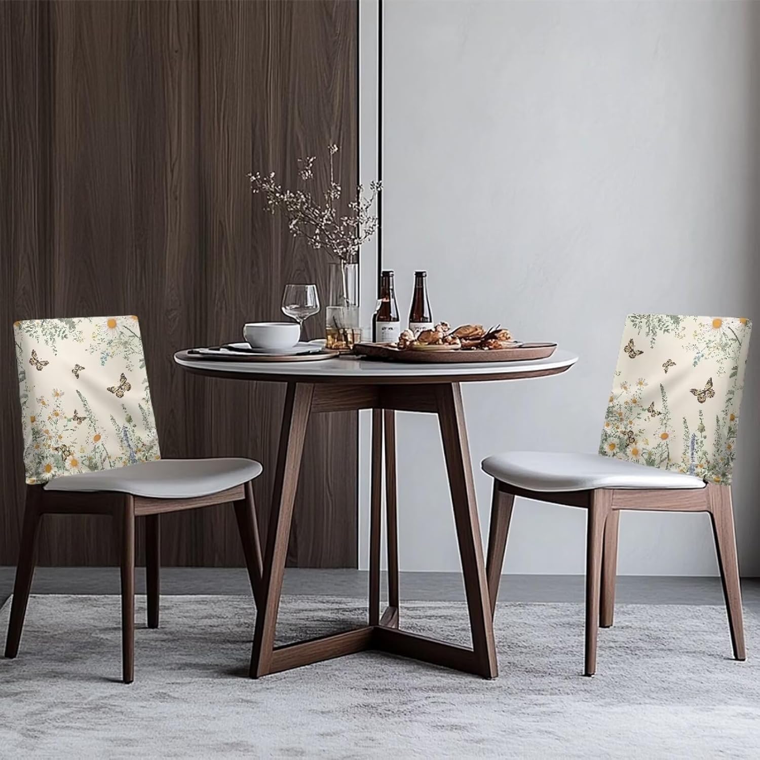 Daisy Floral Butterfly Print Breathable Chair Back Cover Chair Back Slipcovers Decorative Dining Chair Protector for Dining Room Wedding Kitchen Party Ceremony, Set of 6