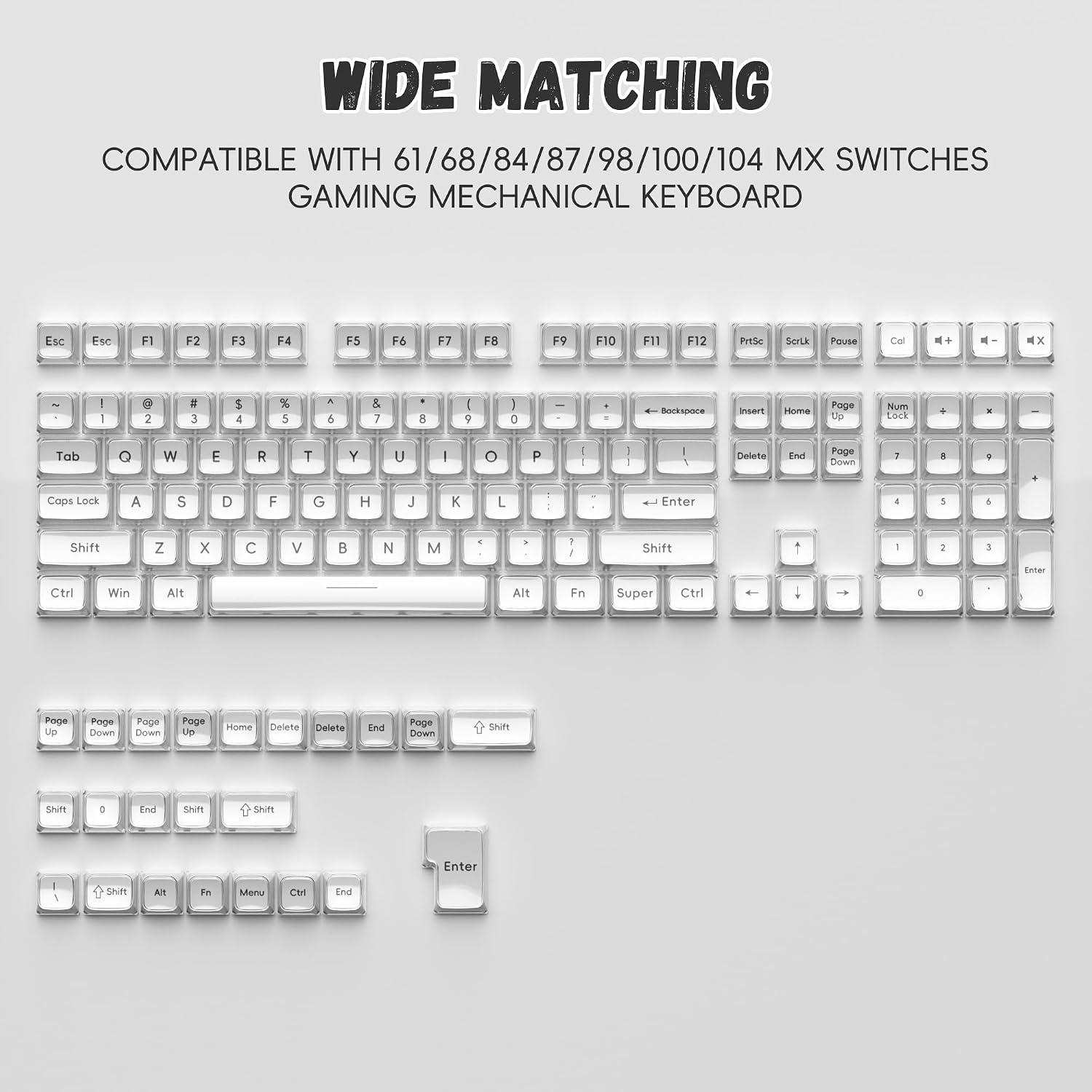 Crystal Jelly Keycaps, White Front Custom Translucent Keycaps, Cute Shine Through Keyboard Key Caps for 61/68/84/87/98/100 Cherry MX Keyboard Mechanical