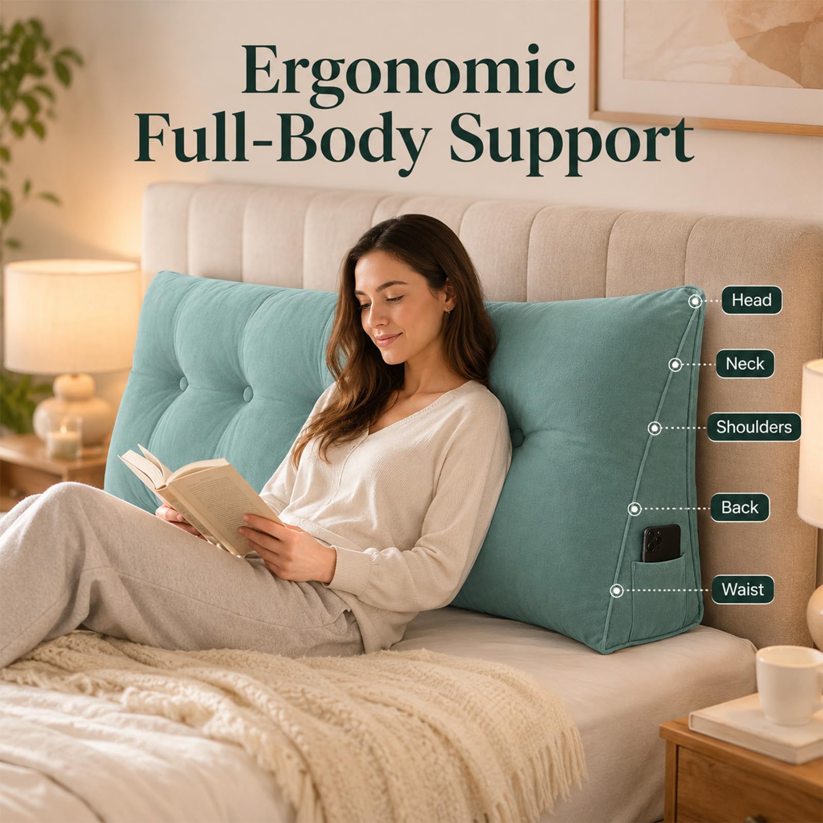 AEHO Cuscino da Lettura Letto Cuscino a Cuneo Triangolare Cuscino Schienale Divano, Morbido Spessore 20cm EPE, 3-in-1 5 Zone Ergonomico per Testata Letto Casa,Grey02,60 * 50 * 20CM