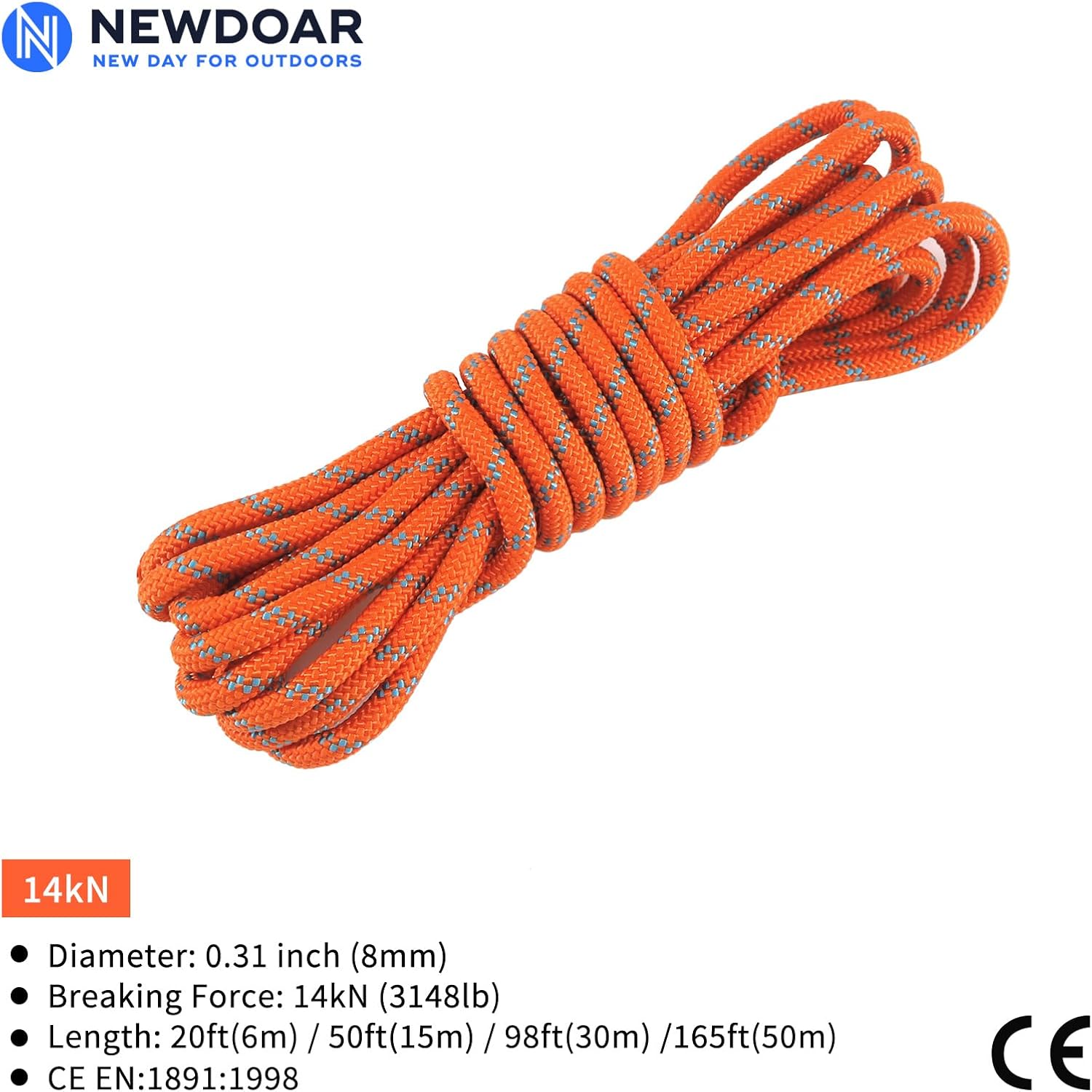 NewDoar Static Climbing Rope - 8mm (5/16c) / 10mm (3/8”) Double Braid Accessory Cord for Rock,Hauling, Prusik, Survival - Pre-Cut 20FT, 50FT, 100FT, 165FT Lengths - Outdoor, Fire Rescue Equipment