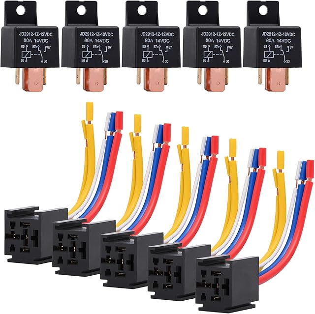 Ehdis 5 Pack Car Relay 12V 80 APM 5 Pin, Changeover Relay with Socket Holder for Truck, Motor, Heavy Duty On/Off Normally Open SPDT Relay Socket Plug 5 Wire