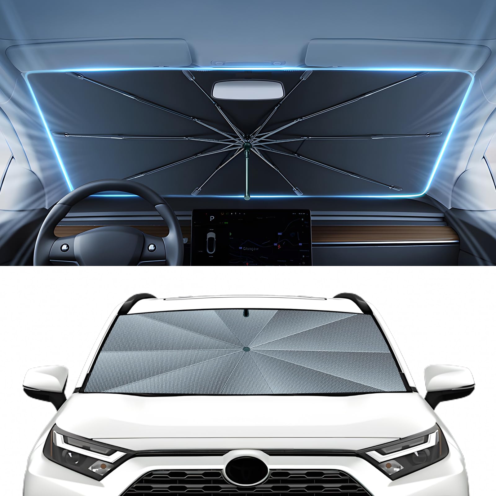 Autorder Windshield Sun Shade Umbrella for 2019-2025 2026 Toyota RAV4 Accessories,Upgraded Ice Crystal Material,Easy Setup Umbrella Sunshade for Car Windshield,100% Sun Blocking