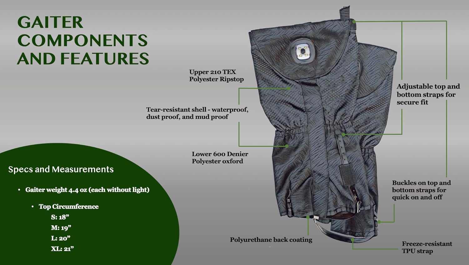 Pike Trail x Nighthawk Pro Gear Trailblazer Leg Gaiter: Illuminated for Nighttime Sand, and Snow - Hunting, Mountain Climbing, or Snowshoeing