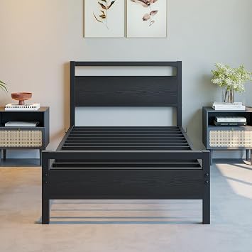 BOFENG 3ft Single Bed Frames Solid Bedstead Base with Wood Headboard,Heavy Duty Metal Platform Bed Frame No Box Spring Needed,Mattress Foundation/Strong Metal Slat Support/Under-bed Storage/Black