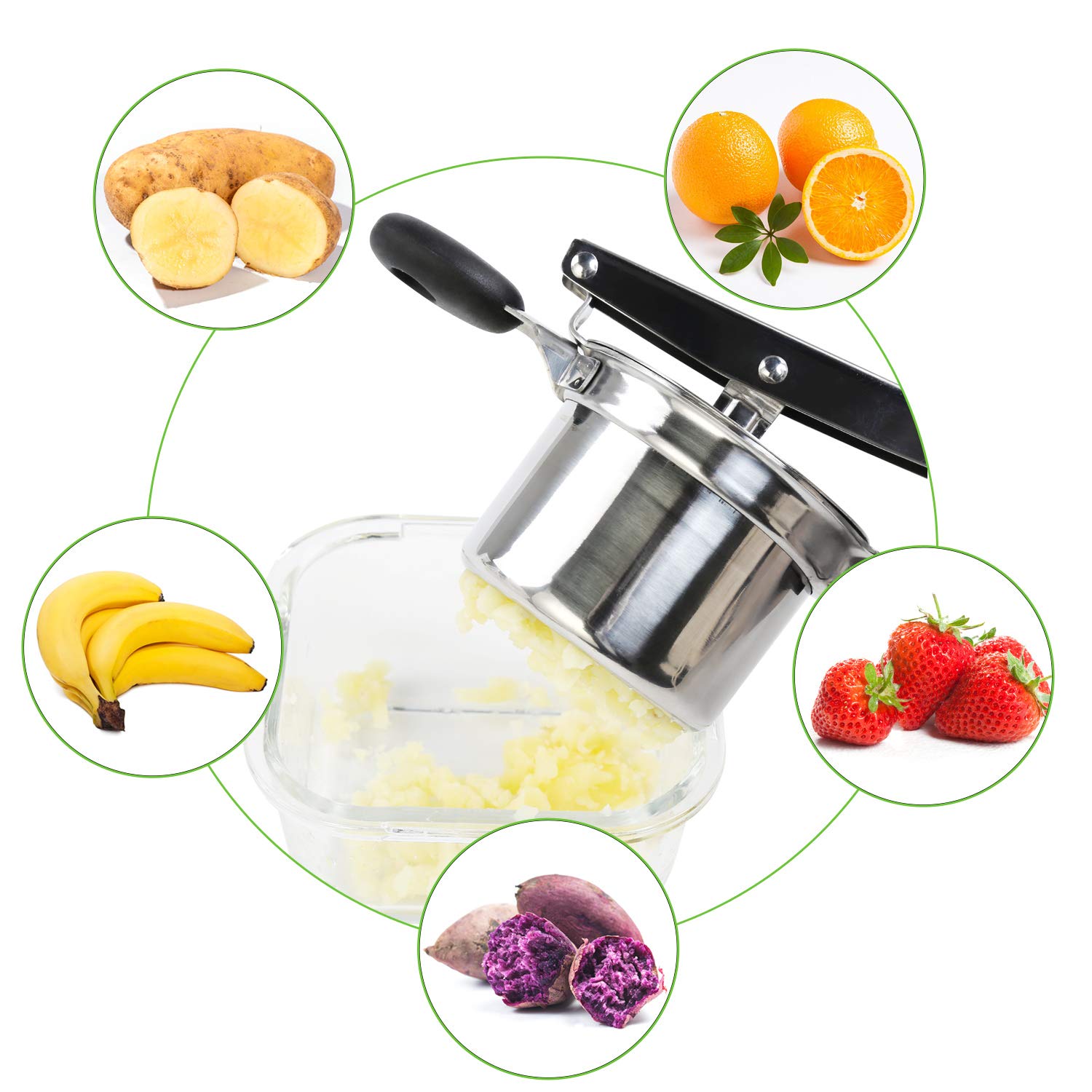 Ballery Presse-purée professionnel en acier inoxydable pour fruits et légumes avec 3 disques interchangeables, poignées noires douces au toucher