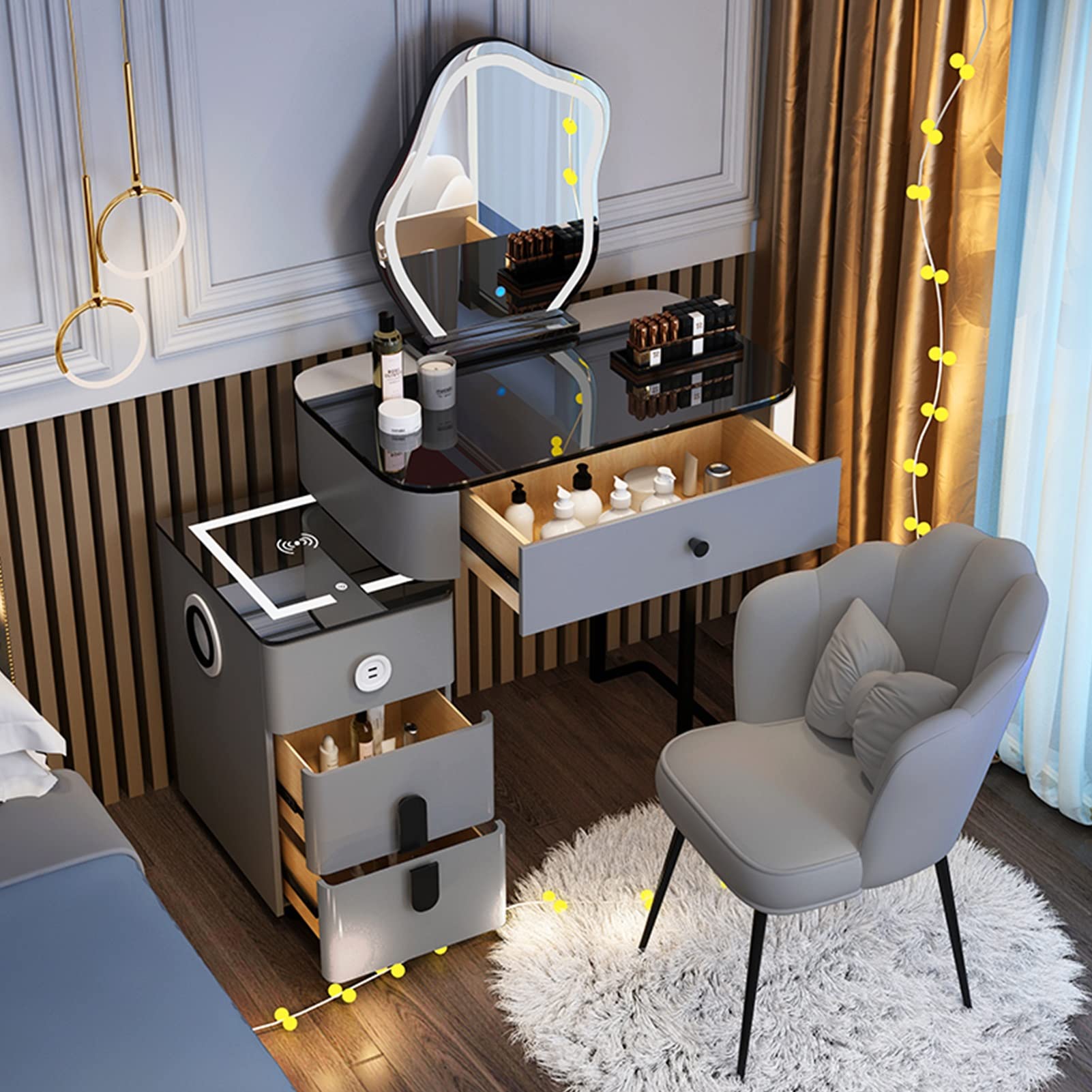 Set da toeletta a LED con sgabello imbottito, cassetto di ricarica USB, specchio per il trucco illuminato, elegante design grigio nuvola per camera da letto, perfetto per gli amanti della bellezza