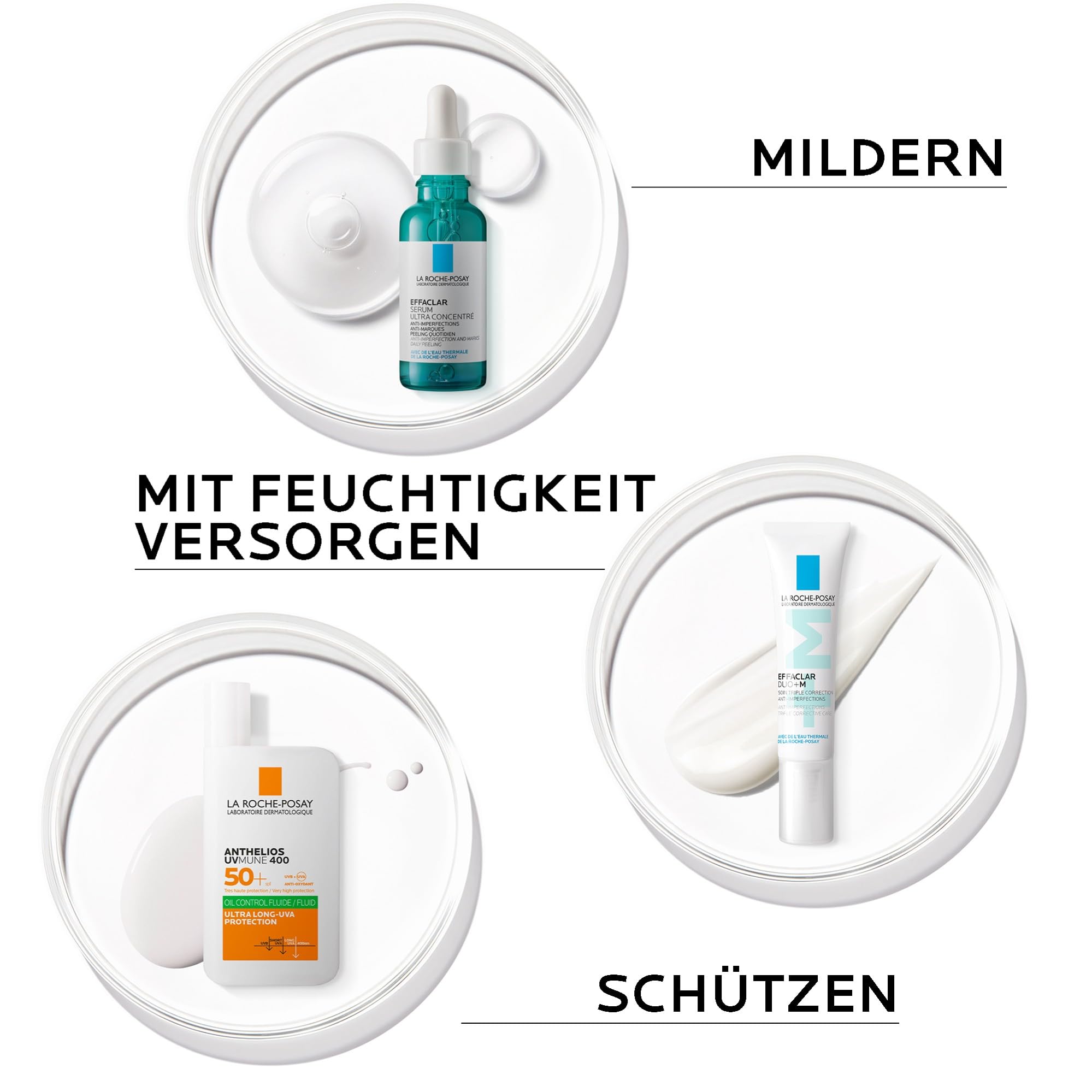 La Roche Posay Effaclar & Anthelios Set mit Peeling-Serum, Duo+M Creme und UVMune400 Fluid LSF50+, Pflegeset gegen Unreinheiten und Hautglanz, Für Mischhaut & fettige Haut, 30ml + 40ml + 50ml