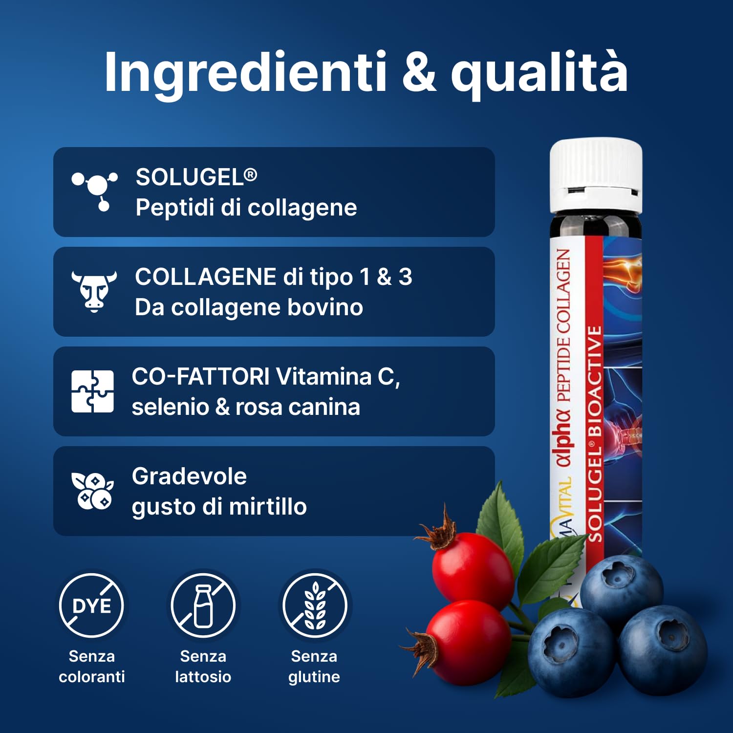 alfa peptide collagene, collagene premium, vitamina C, selenio, estratto di rosa canina 50 flaconi da 10.000 mg di idrolizzato di collagene SOLUGEL con peptidi bioattivi
