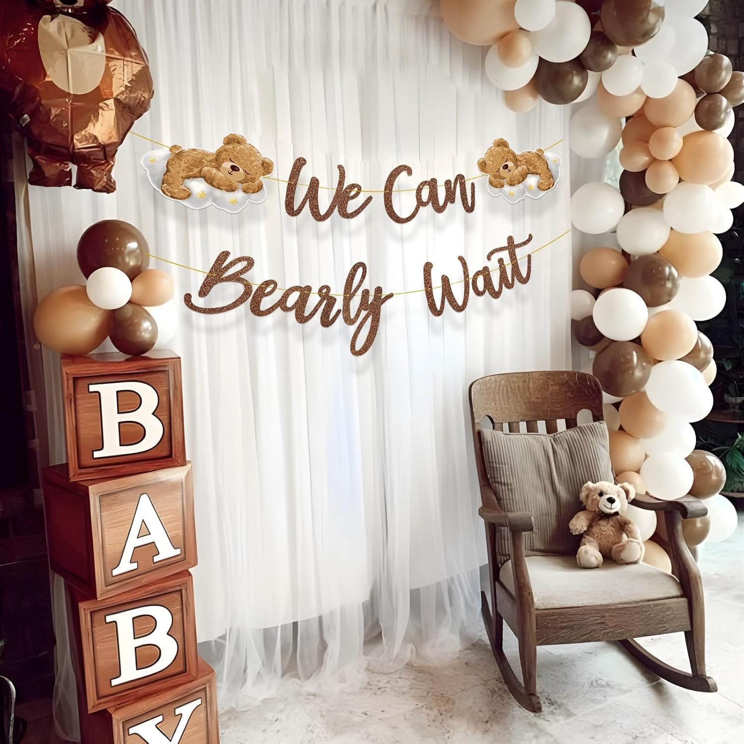 We Can Bearly Wait Baby Shower Decorations Bear Banner We Can Bearly Wait Sign Glitter Brown Cute Bear on the Cloud