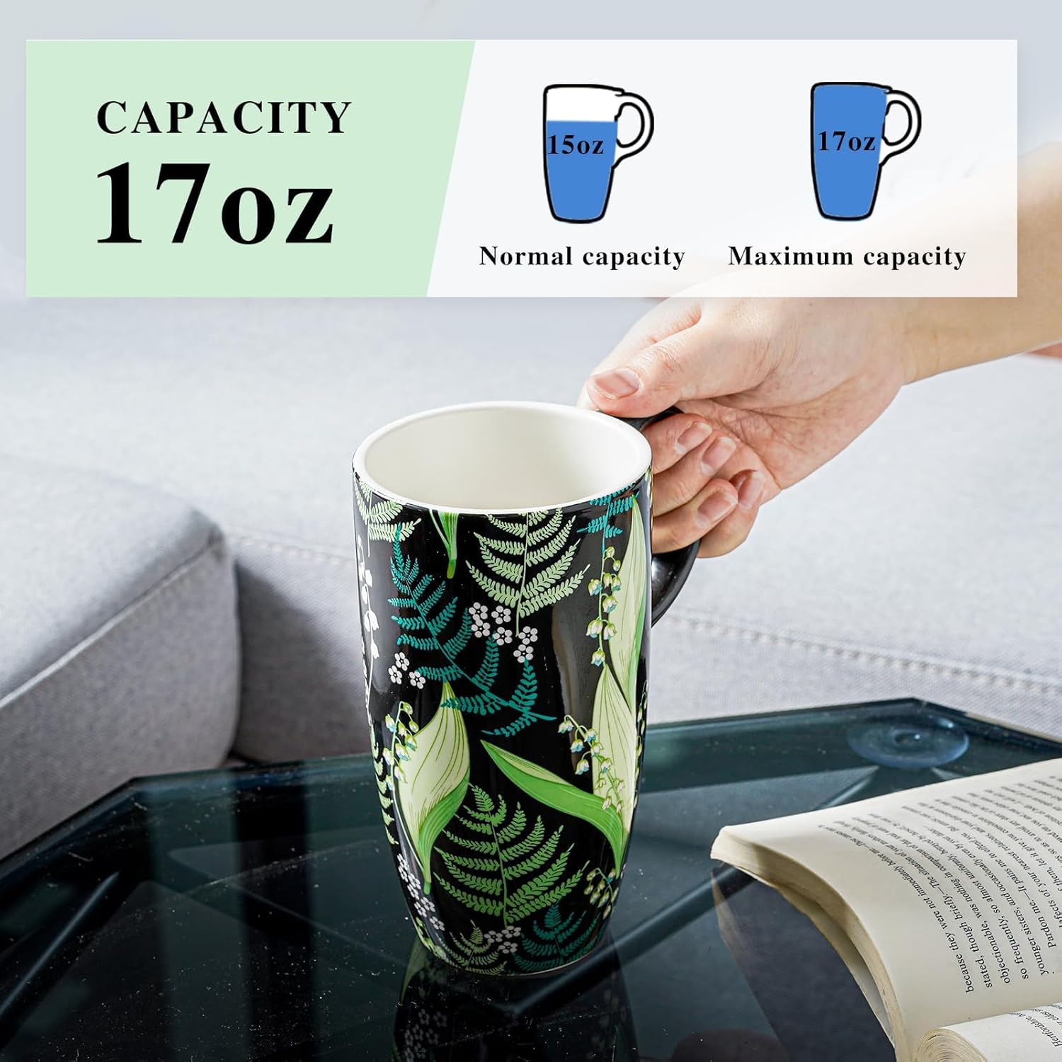 Ceramic Mug Travel Coffee Cup with Lid for Home & Office, 17oz Porcelain Tall Tea Cup with Handle, Green Leaves Art Pattern in Color Box, 6.5" H - Image 2